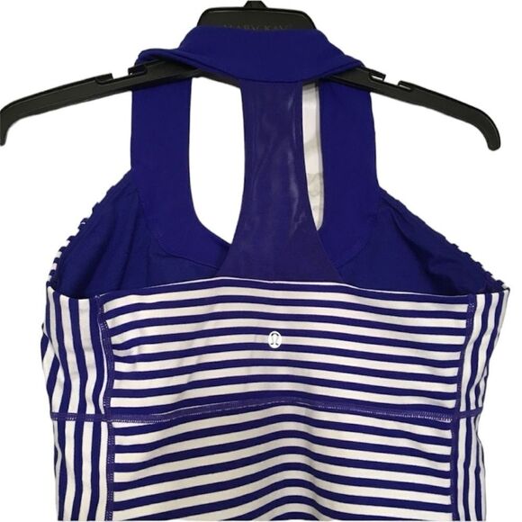 LULULEMON SCOOP NECK STRIPE RACER‎ BACK ATHLETIC WORKOUT TANK TOP BLUE WHITE 10 - Picture 6 of 14